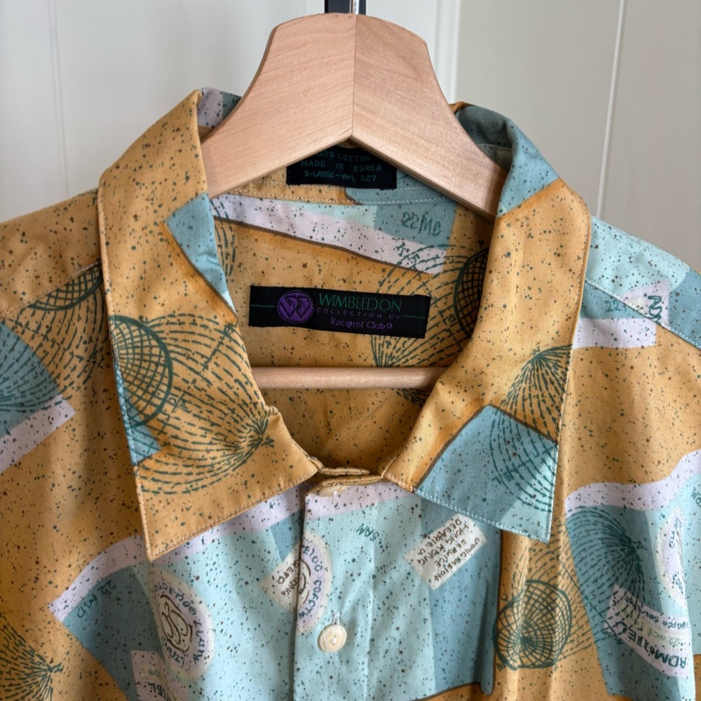 Wimbledon Racquet Club Men XL Cotton Abstract Travel S/S Shirt Vintage Deadstock